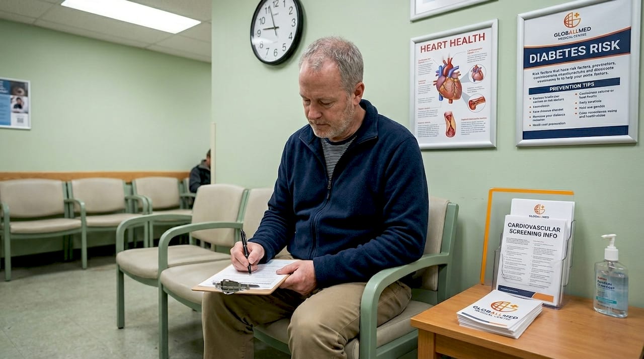 Man completing screening form in clinic waiting area