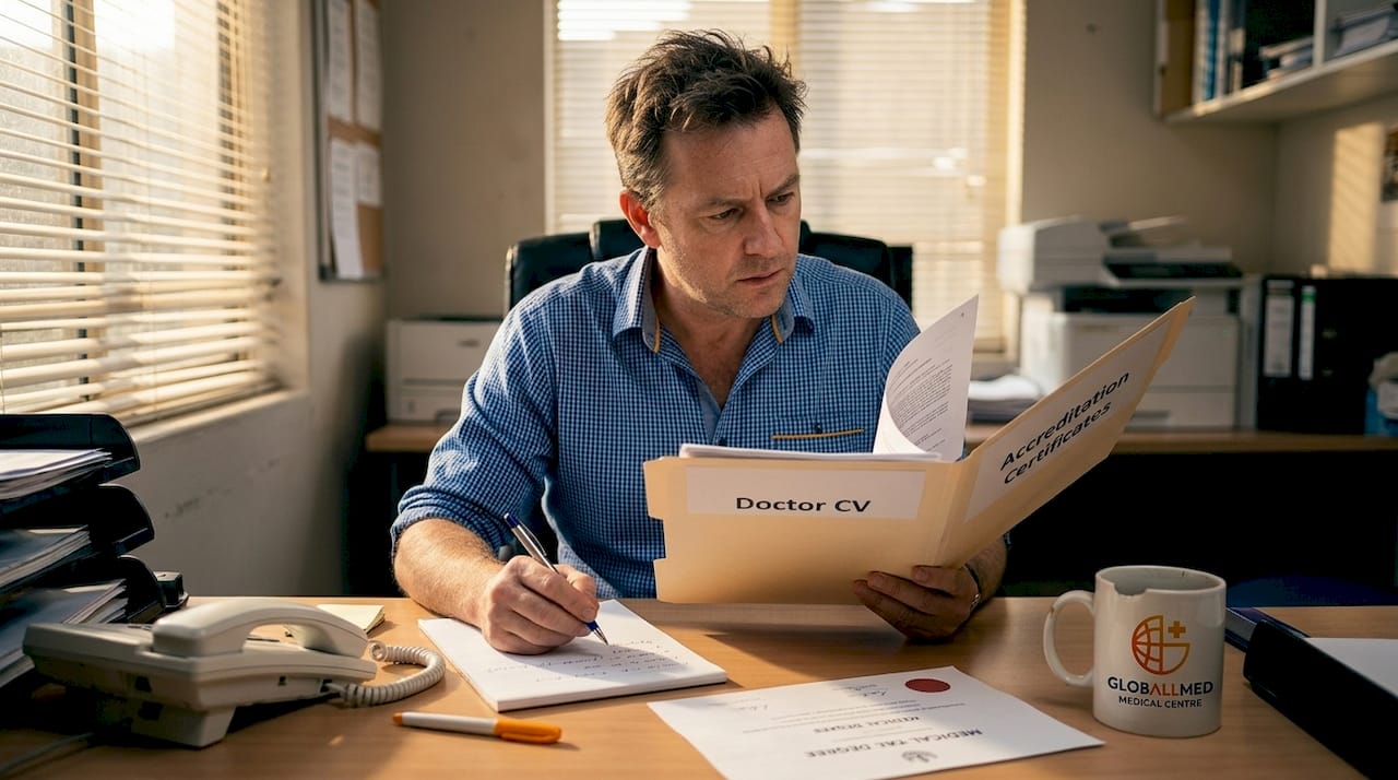 Physician checking qualification and certificates