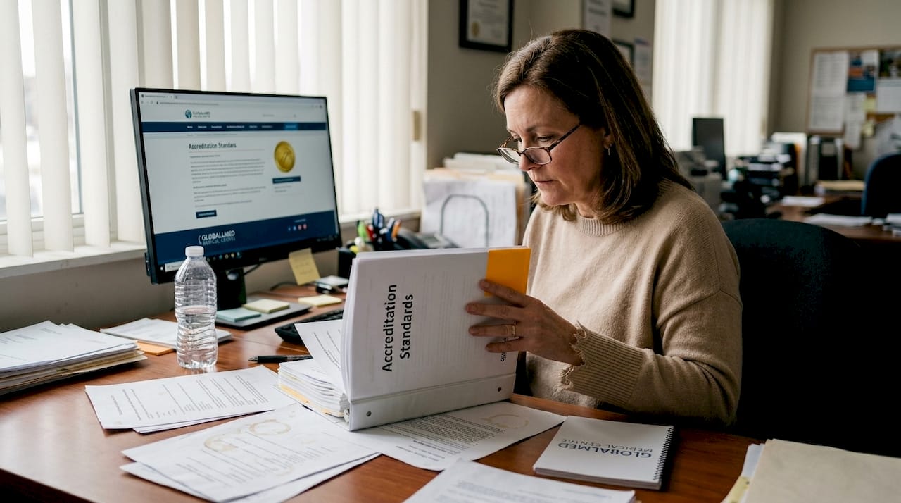 Administrator reviewing medical accreditation paperwork