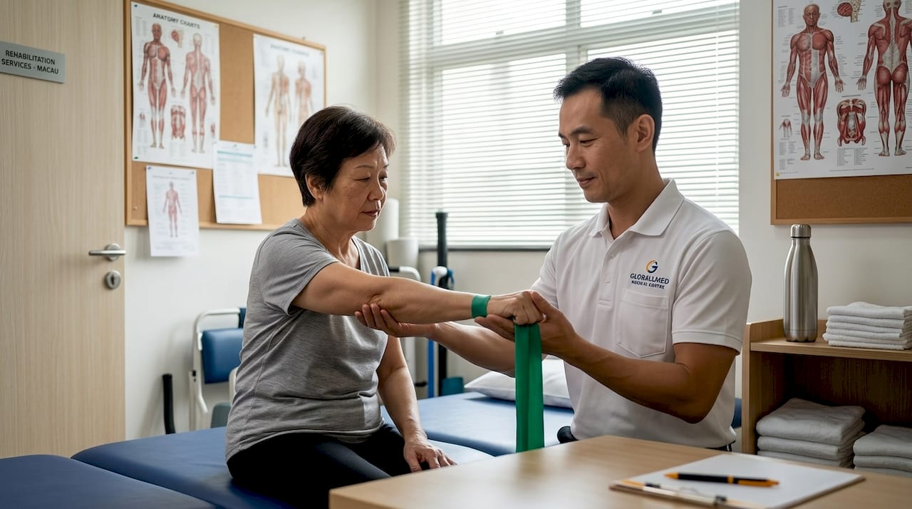Physical therapist guiding stretching in rehab clinic