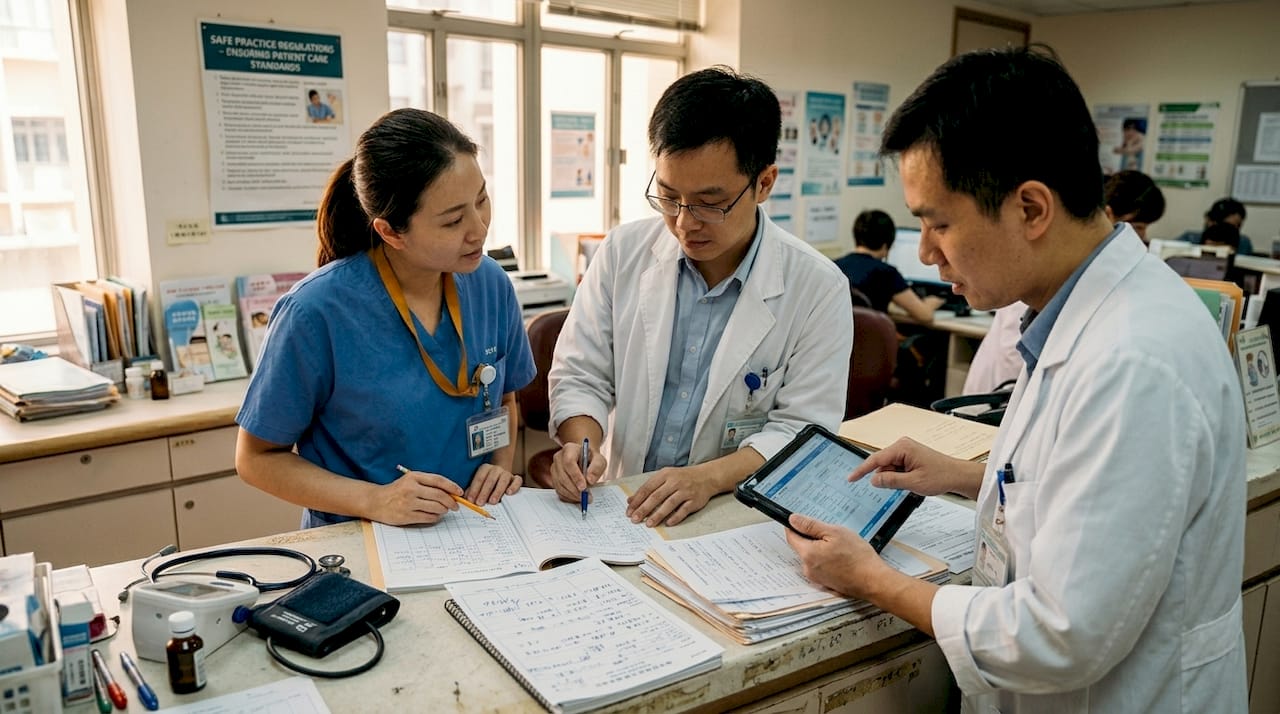 Outpatient clinic staff reviewing patient files