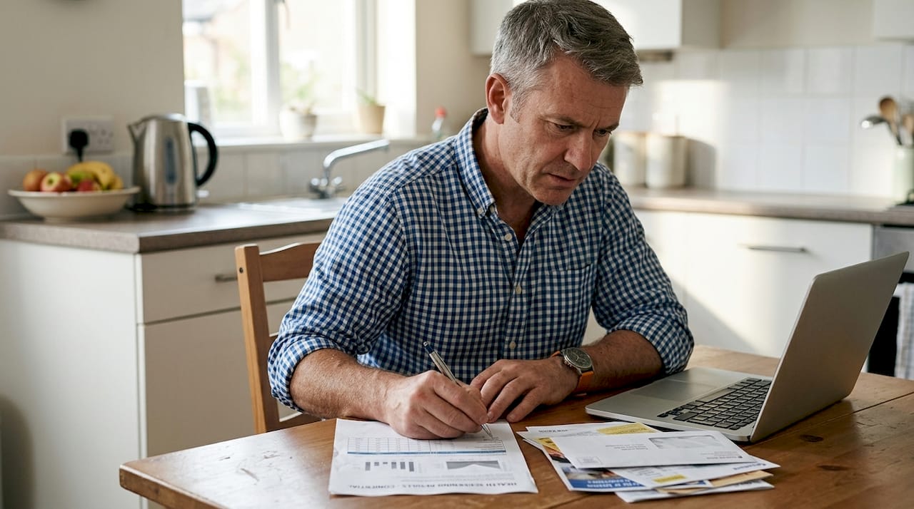 Patient reviews health screening results at table