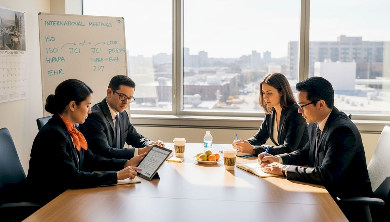Hospital administrators reviewing standards meeting notes