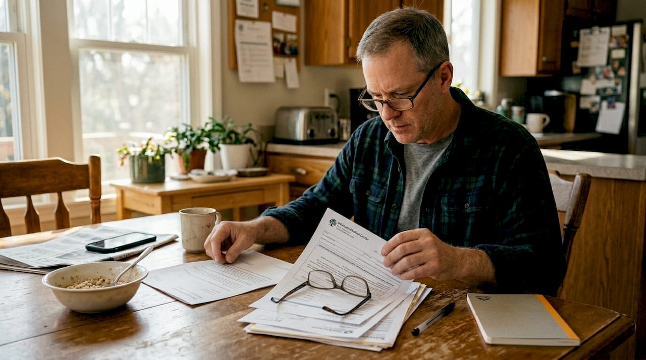 Man prepares paperwork for medical appointment