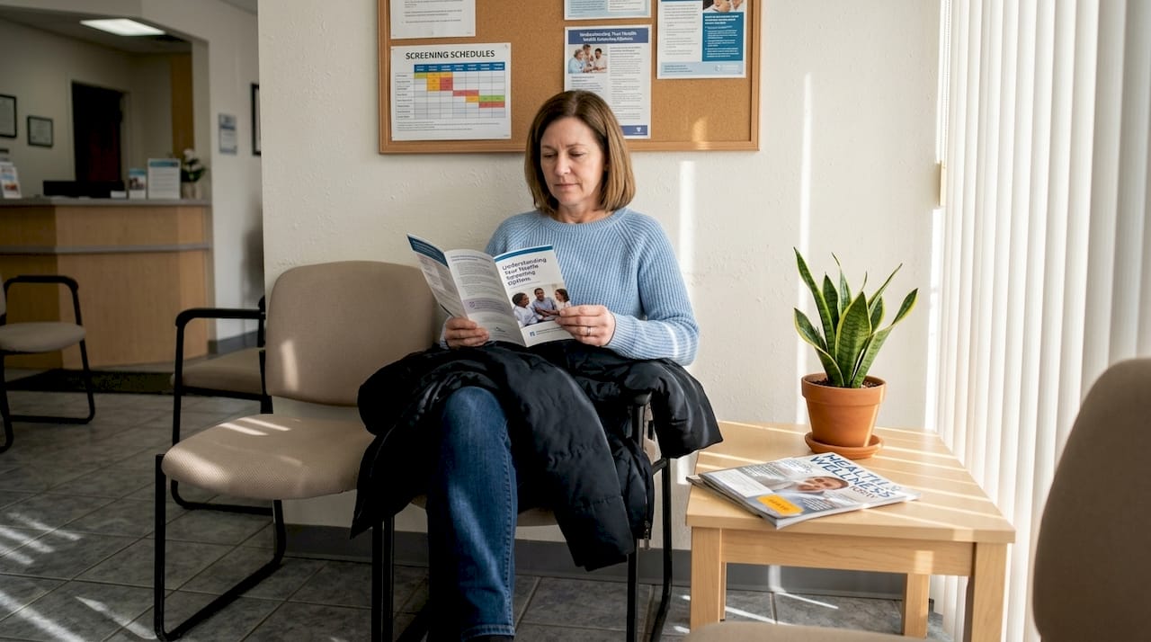 Patient reading in health clinic waiting room