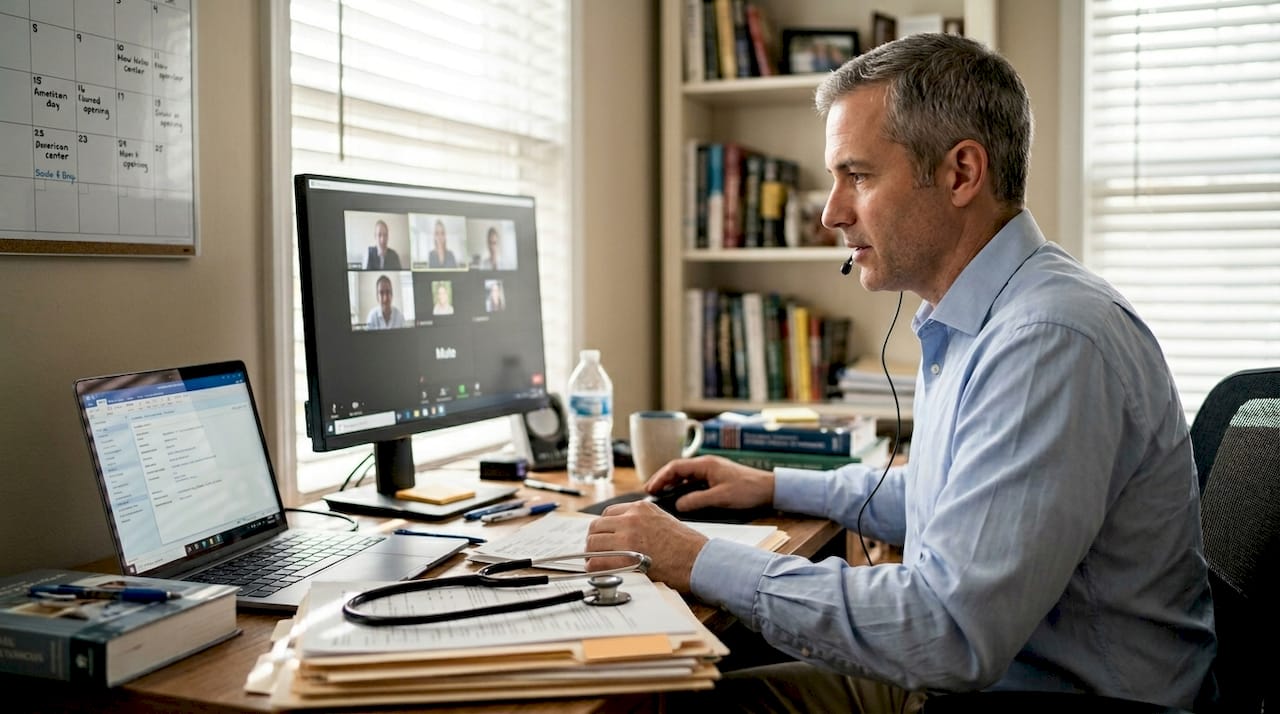 Doctor conducting telemedicine from home office
