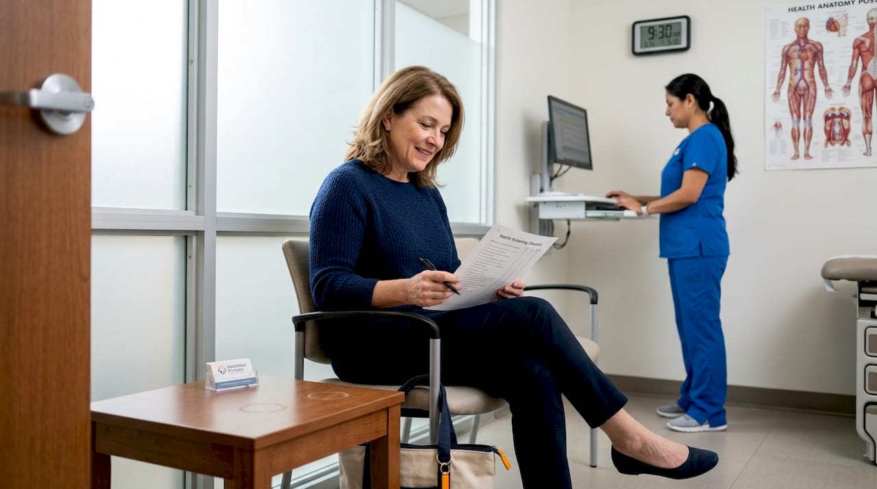 Woman reviews health screening checklist at clinic