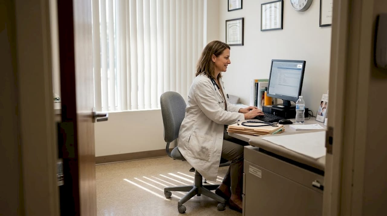 Doctor typing notes in outpatient consultation room