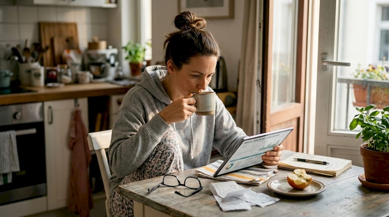 Woman reading health report at kitchen table