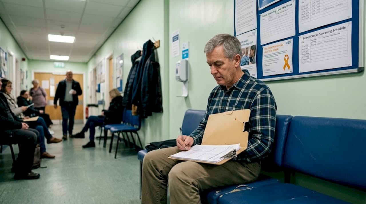 Man completing screening form in clinic hallway
