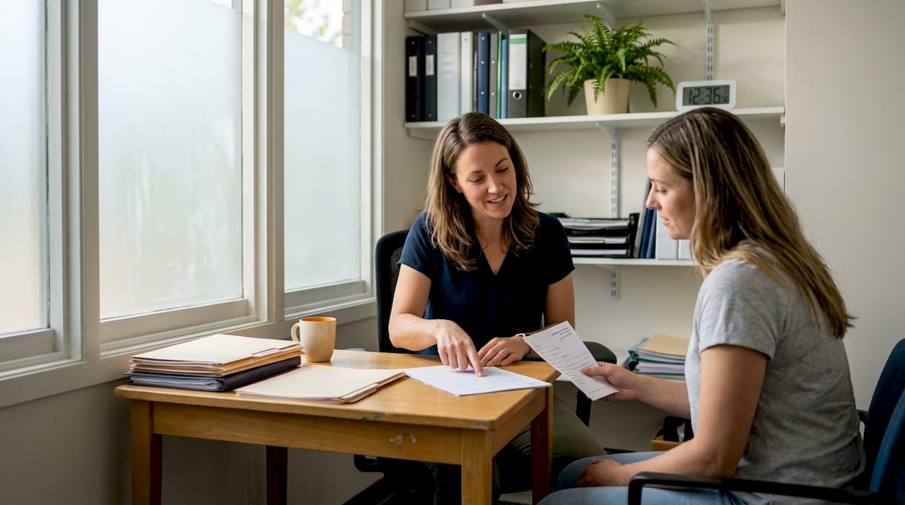 Physiotherapist discussing notes with outpatient