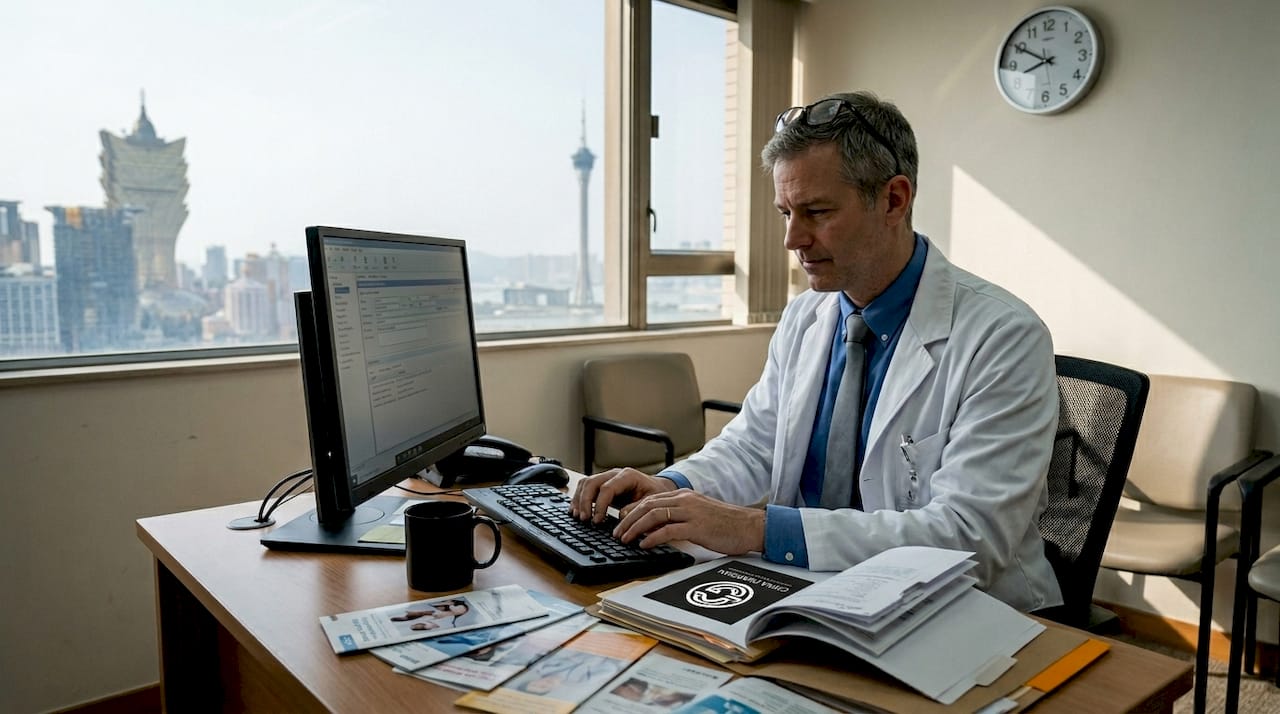 Doctor reviewing files in Macau office