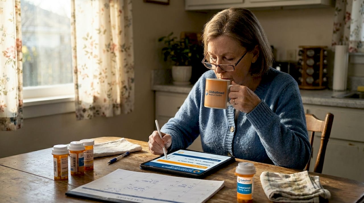 Woman updating medication log at kitchen table