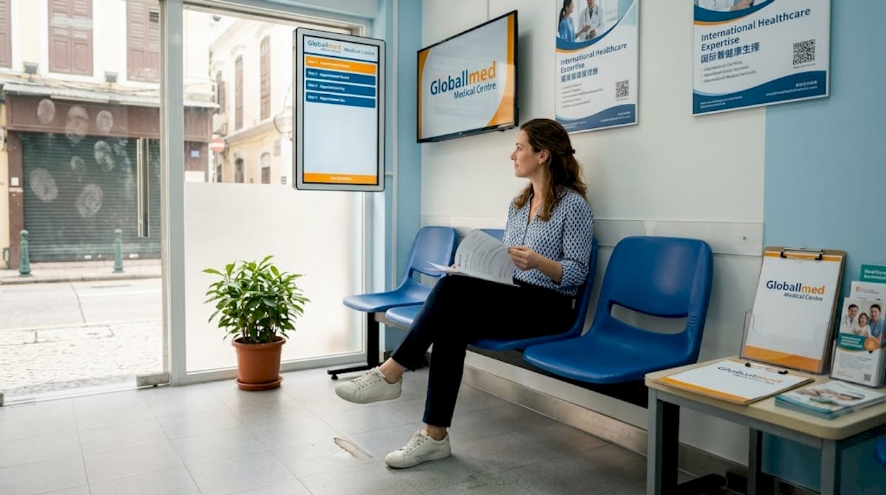 Patient reviews referral letter in busy Macau clinic