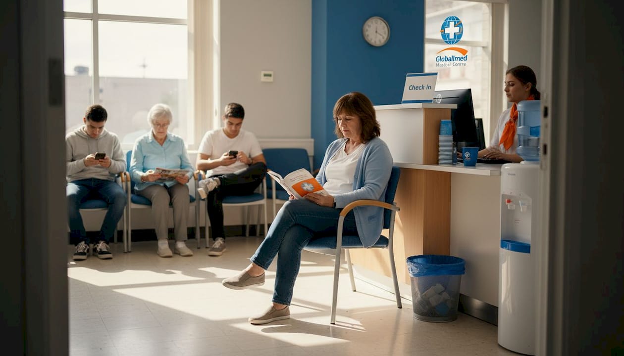 Patients waiting in a bright outpatient clinic