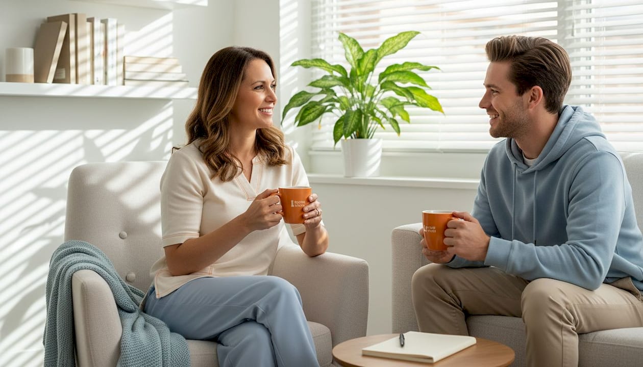 Counselor and client talk in cozy living room