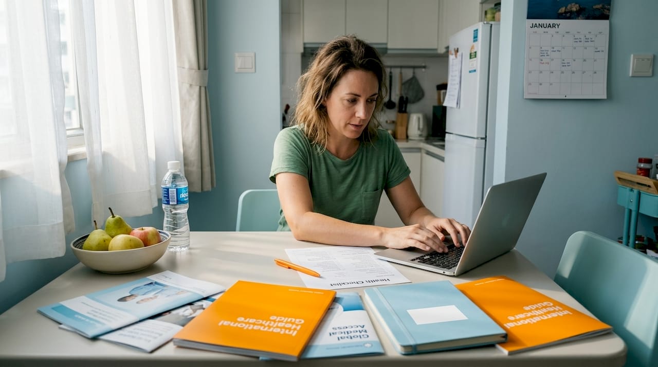 Woman reviewing health checklist at home table