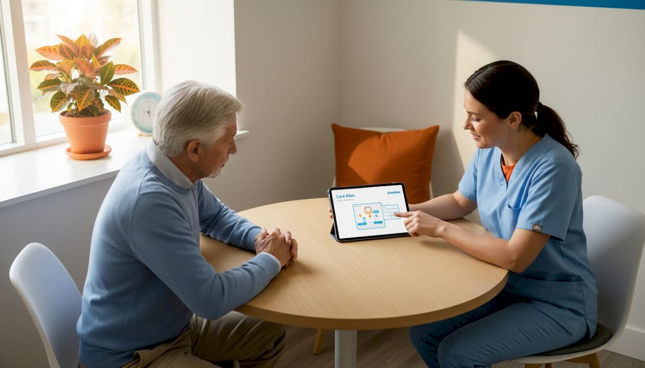 Nurse reviews care plan with older couple