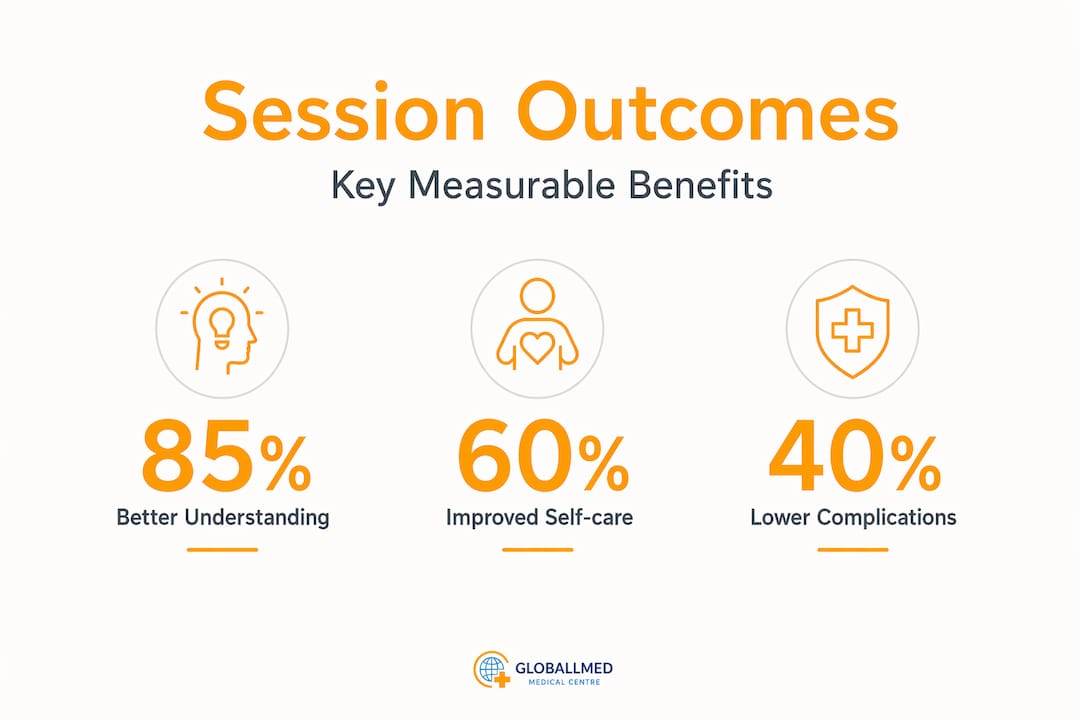 Infographic of three patient education session outcome stats