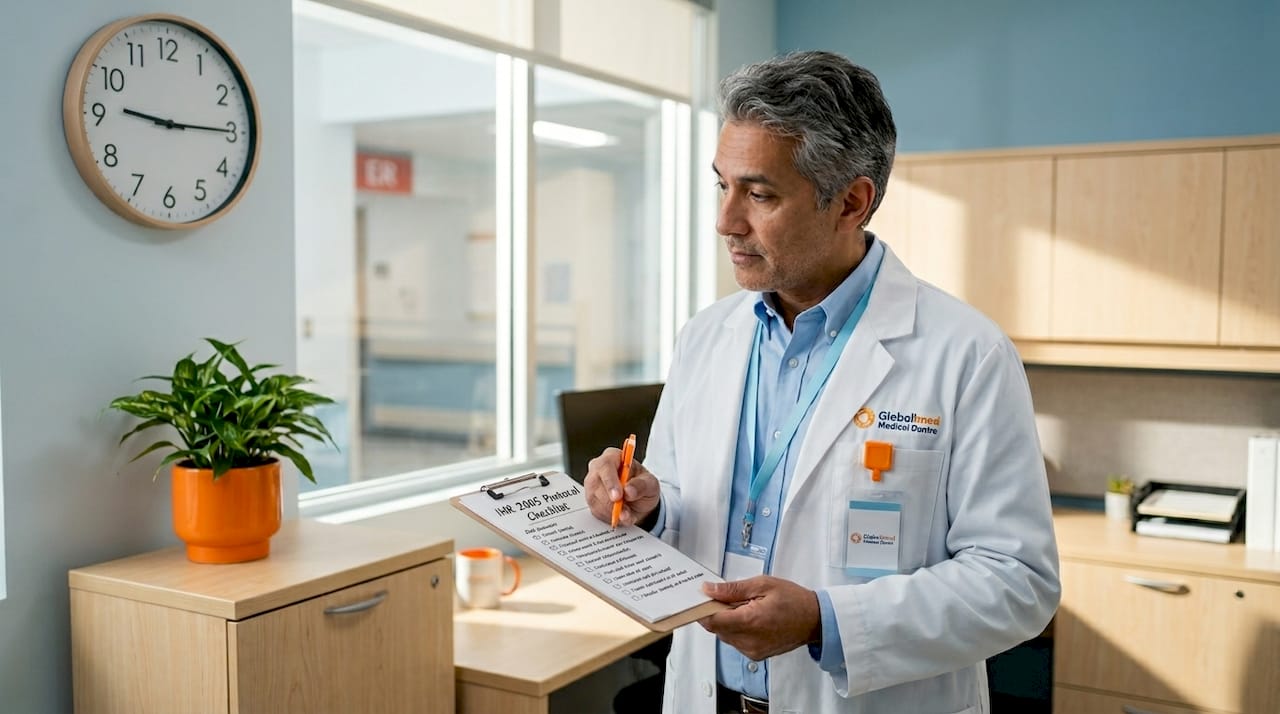 Administrator checking IHR 2005 protocol in hospital hallway