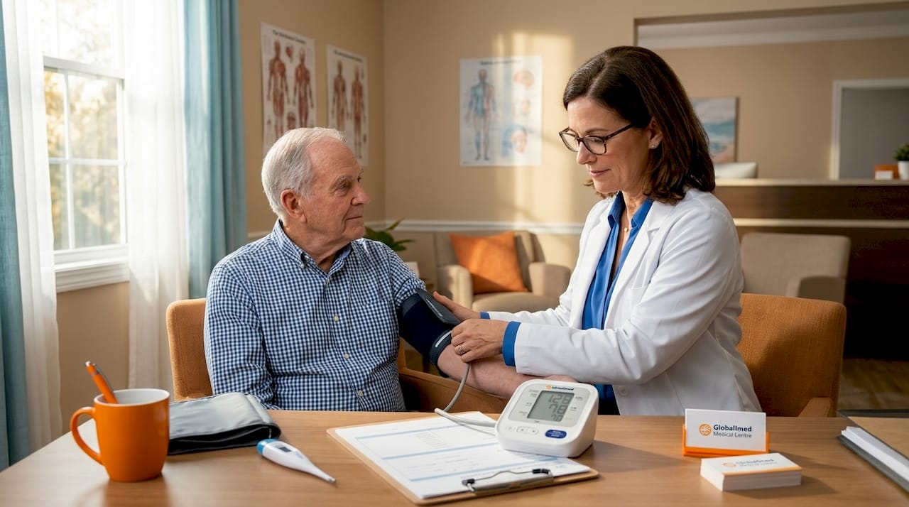 Doctor taking blood pressure in exam room