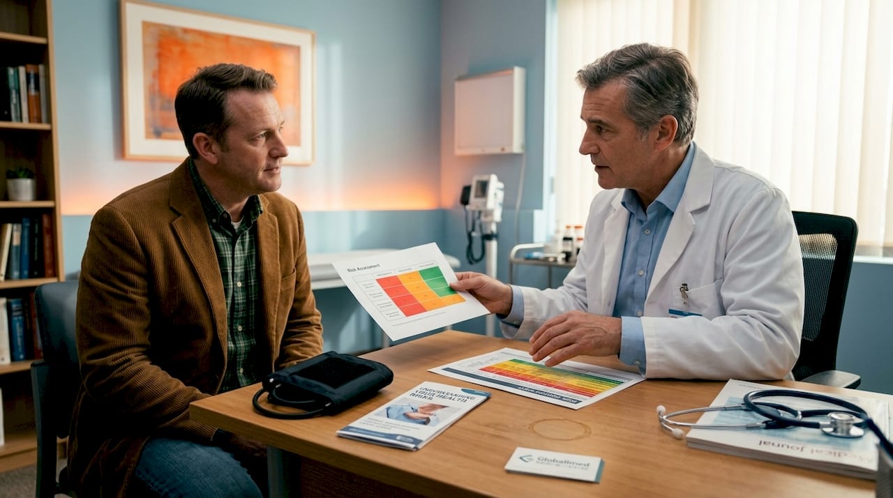 Doctor and patient discuss risk results in clinic
