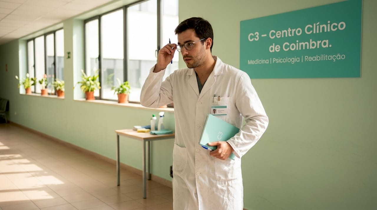 Médico interno a percorrer o corredor do hospital