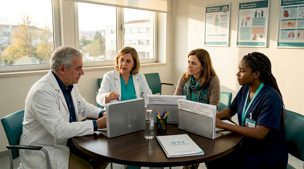 Equipa multidisciplinar da clínica reunida em sessão de trabalho