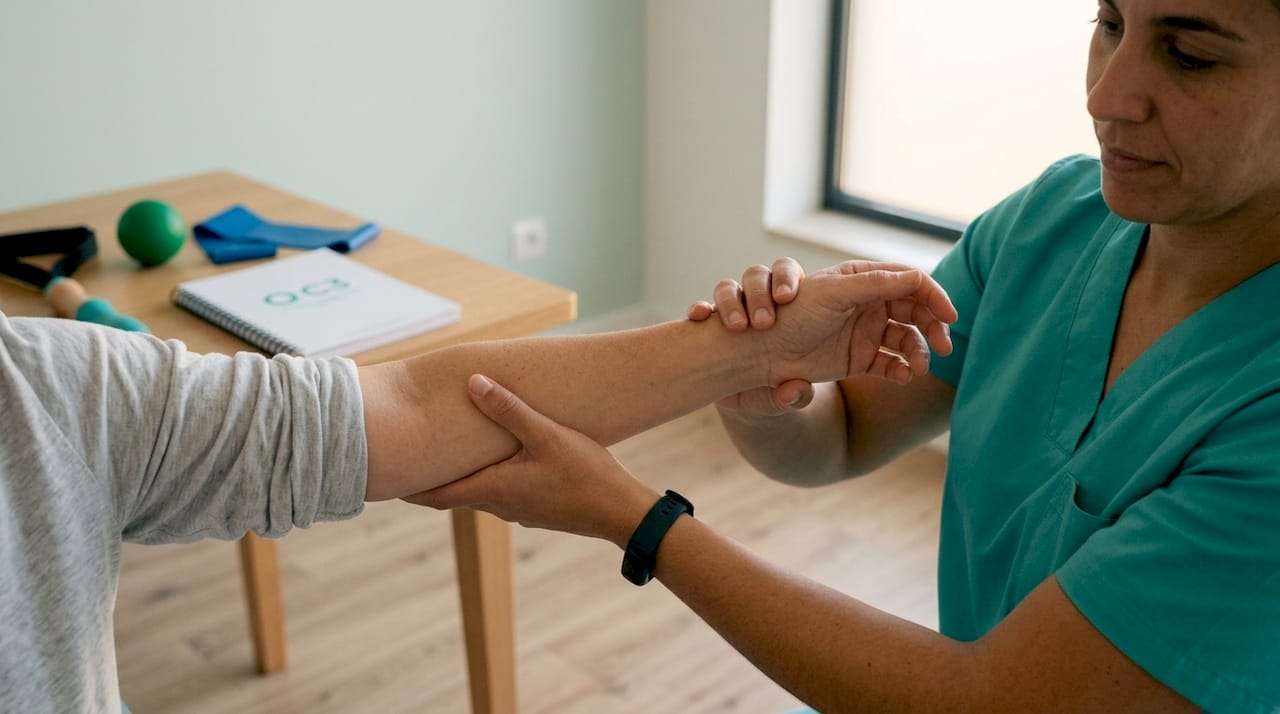 Fisioterapeuta a realizar exercícios de mobilidade passiva