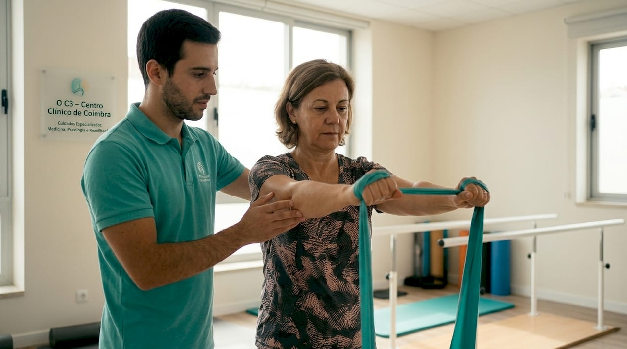 Fisioterapeuta a acompanhar exercício de reabilitação motora