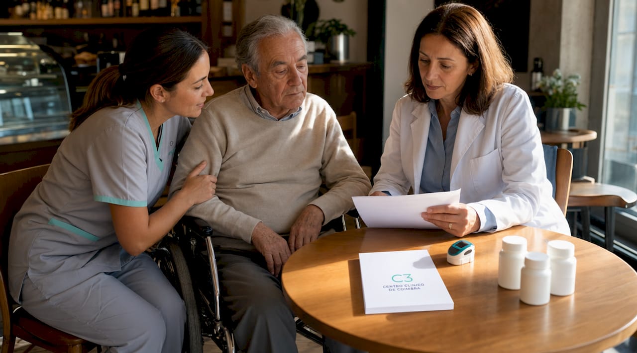 Equipa de saúde geriátrica a avaliar o estado do doente