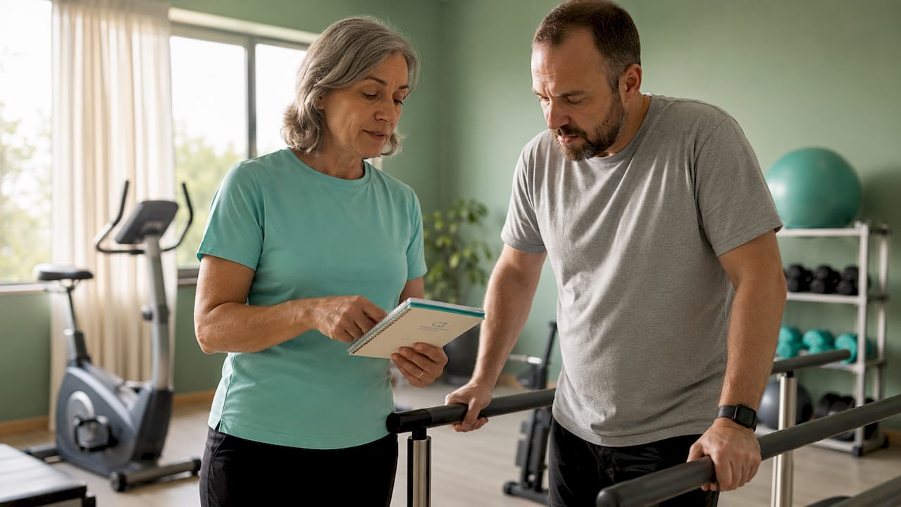 Sessão de reabilitação entre terapeuta e utente