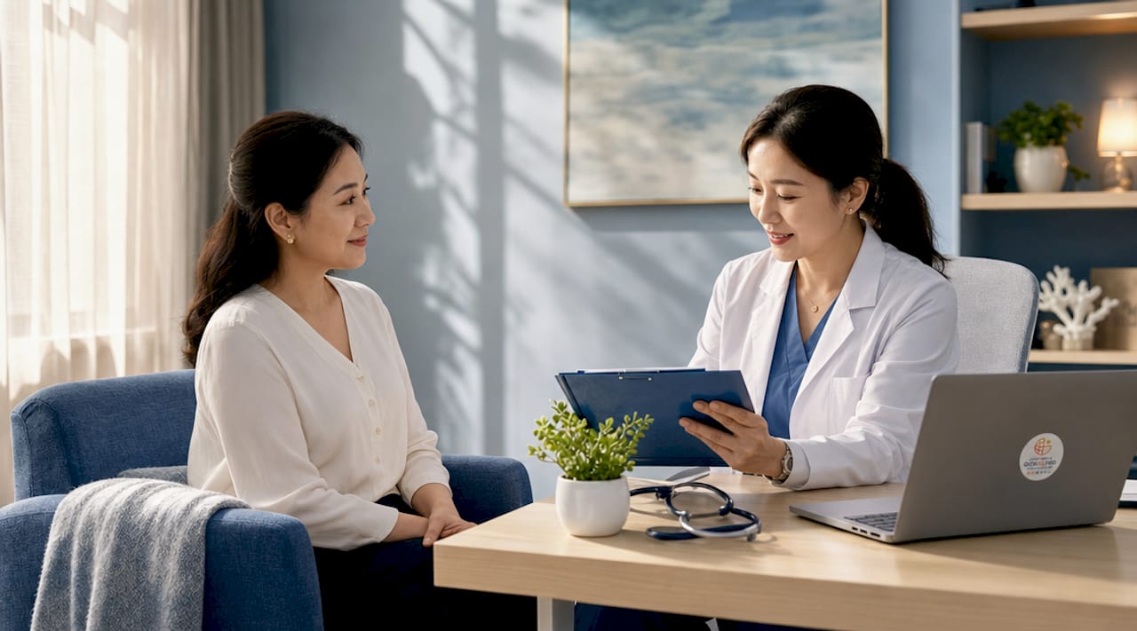 Patient consulting doctor in Macau clinic