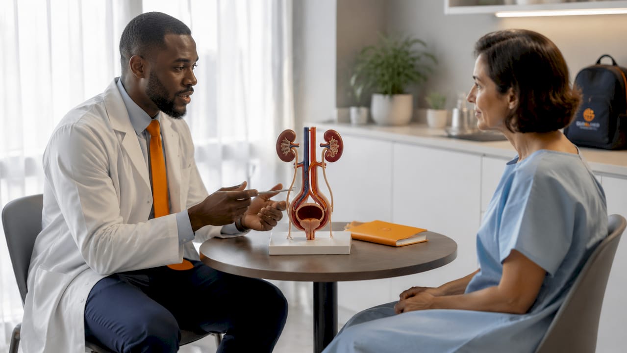 Urologist consulting patient with urinary system model