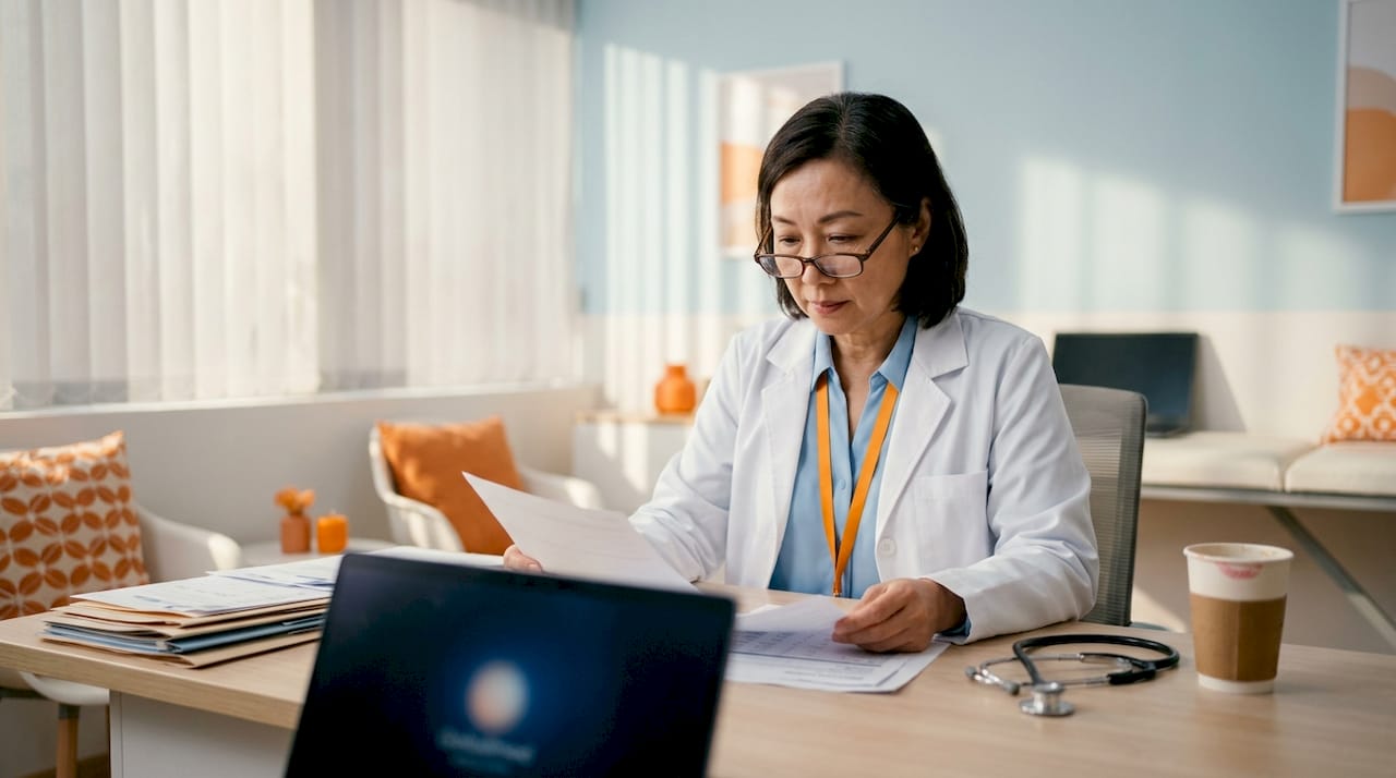 Urologist reviewing patient files in outpatient office