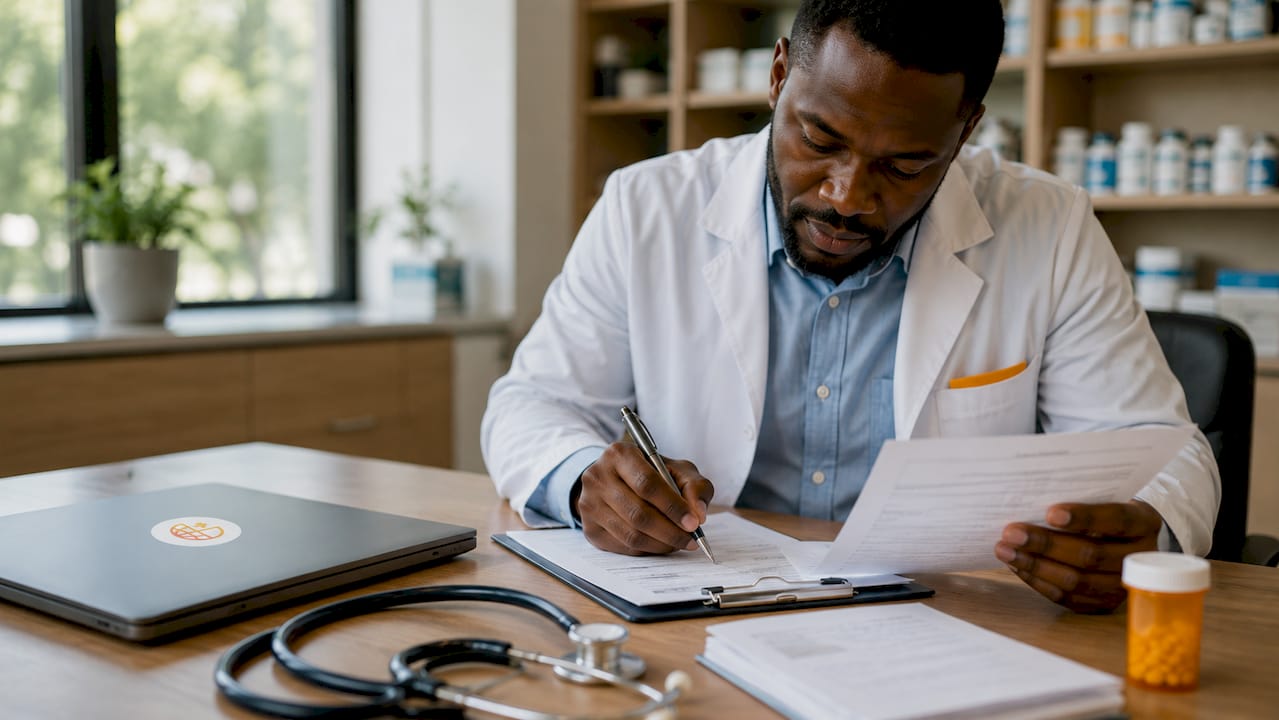 Pharmacist reviewing medication therapy management documents