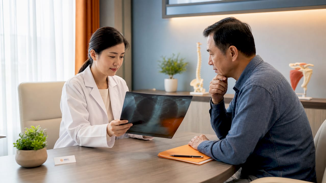 Specialist and patient reviewing medical imaging