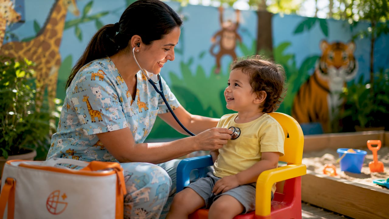 Pediatrician examining a toddler in clinic