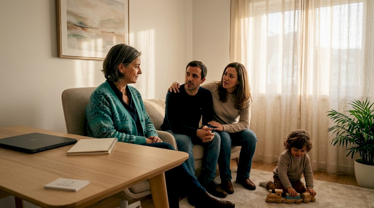 Profissional a conversar com a família sobre os cuidados a ter durante a consulta