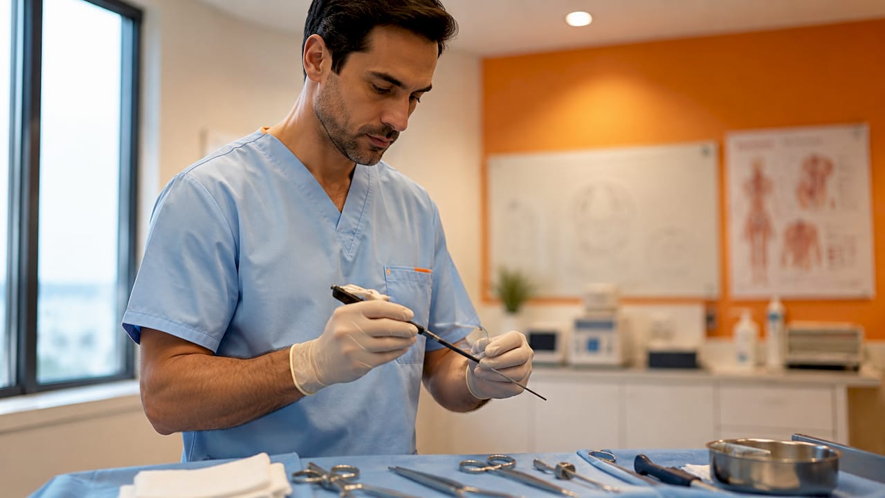 Surgeon's hands holding outpatient surgical tools