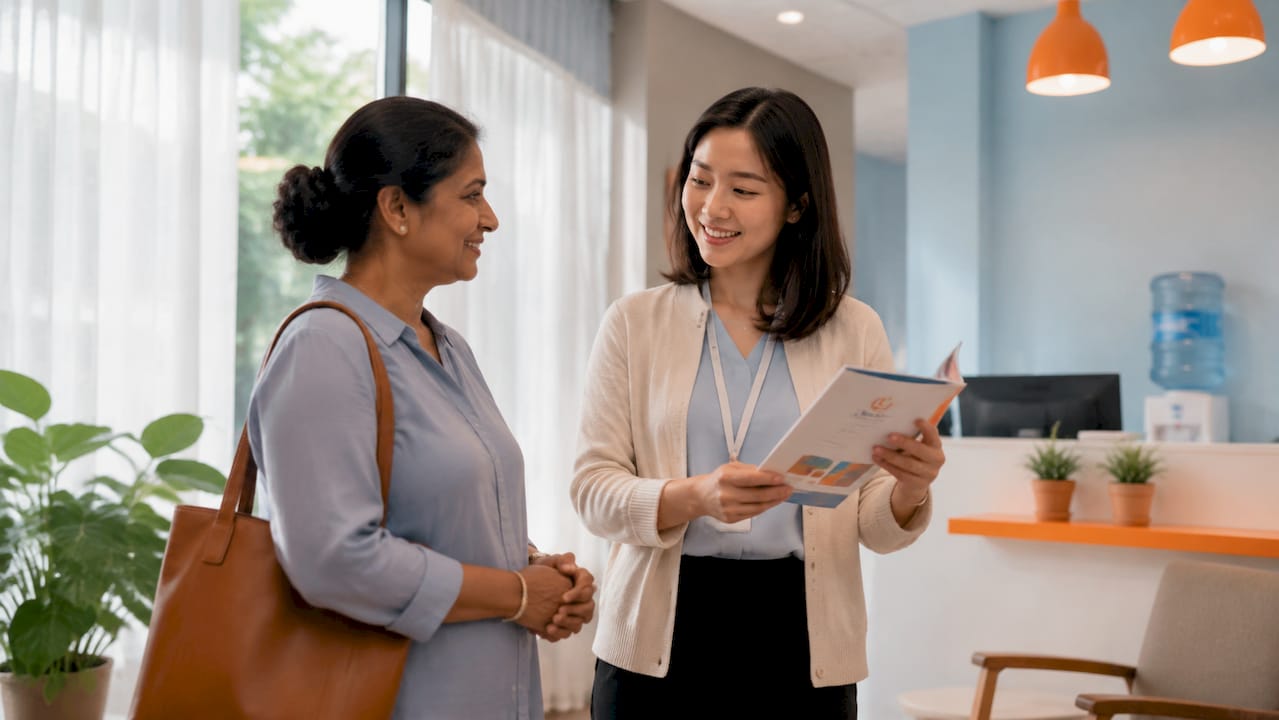 Patient speaking with coordinator in clinic lobby