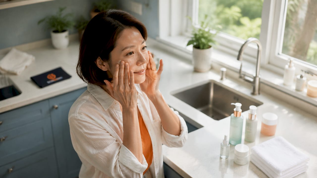 Woman applying anti-aging cream at vanity