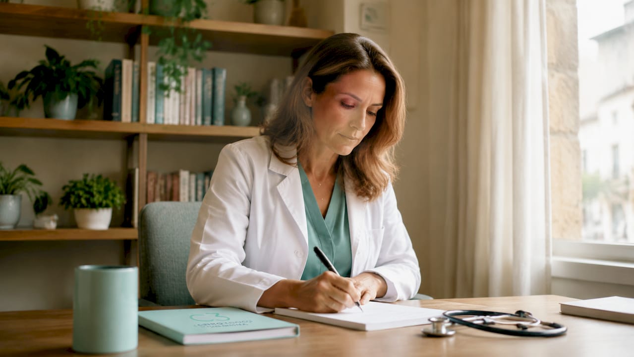 Médica especialista a analisar processos clínicos no consultório do hospital
