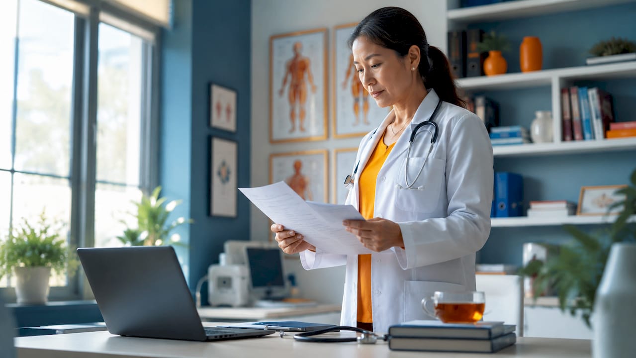 Physician reviewing rare condition referral documents
