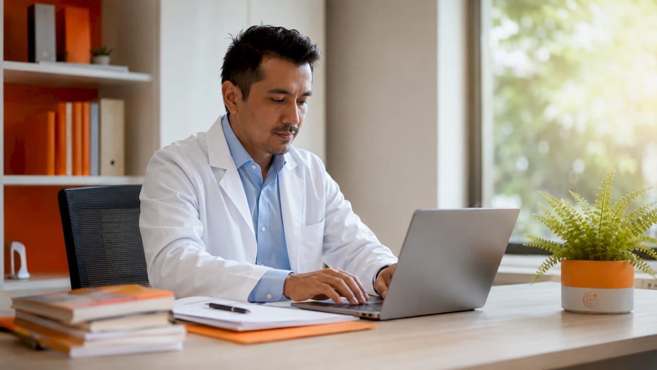 Specialist typing rare disease referral letter on laptop