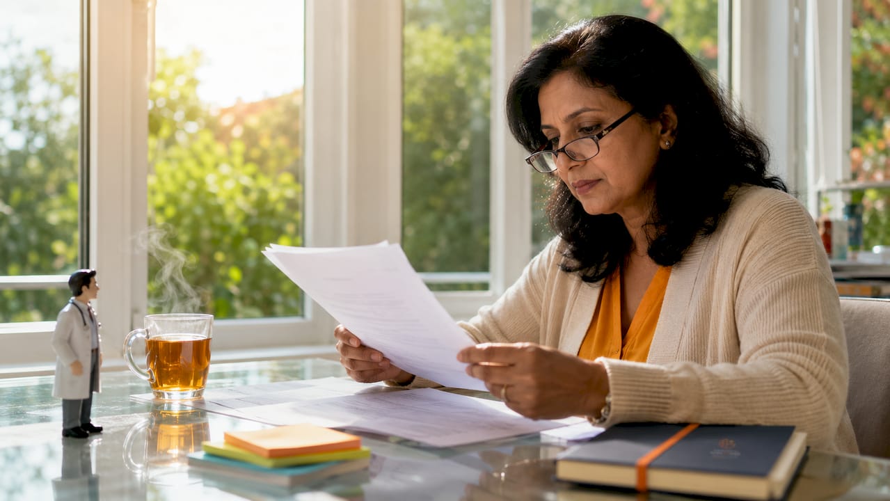 Patient reviewing outpatient referral documents at home