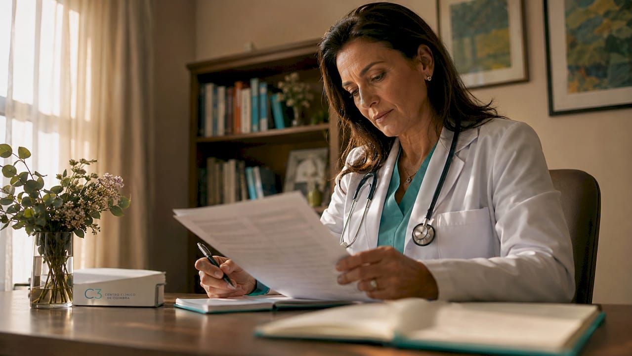 Médica a analisar o processo clínico durante a consulta