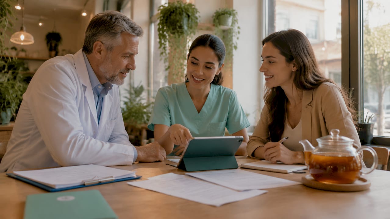 Equipa médica a analisar e discutir ficheiros de pacientes, utilizando tablets para facilitar o acesso à informação.