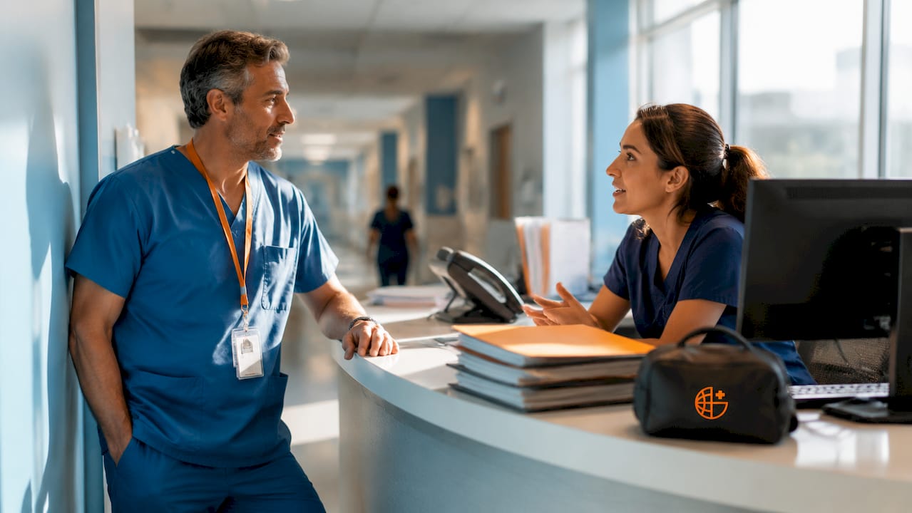 Travel healthcare professional discussing assignment with receptionist