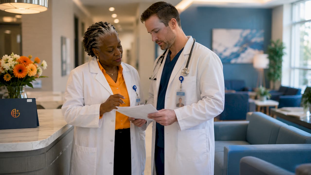 Doctors discussing patient referral in hospital corridor